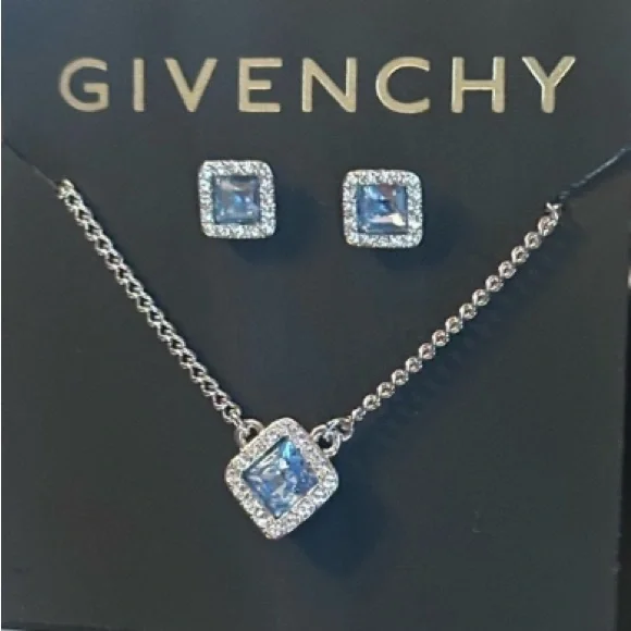 Givenchy Blue and Silver Square Earrings and necklace set - Picture 1 of 5